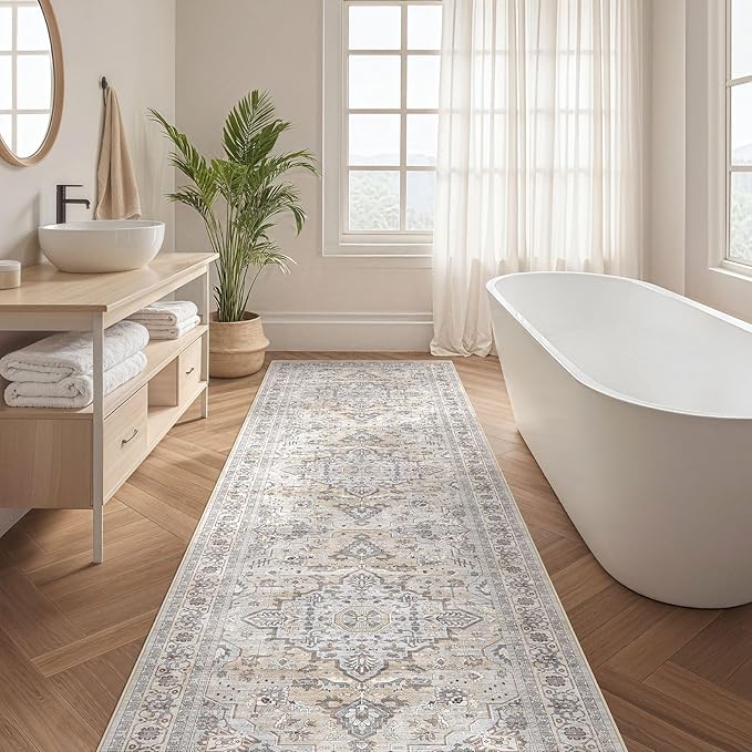 Runner Rug Kitchen Washable Rugs: 3x10 Non-Slip Boho Soft Vintage Stain Resistant Indoor Floor Neutral Farmhouse Throw Carpet for Hallway Bathroom Laundry Room Entryway Bedroom- Ivory Gray
