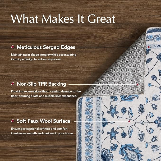 EVERGRACE Hallyway Area Runner Rugs 2x6, Boho Floral Faux Wool Indoor Outdoor Rugs, Washable Rugs for Bedroom Bathroom Living Room Kitchen, Low Pile Floor Mat Carpet for Home Decor, Porcelain Blue