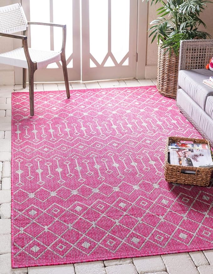 Unique Loom Outdoor Trellis Collection Area Rug - Tribal Trellis (9' x 12' Rectangle, Fuschia/ Gray)