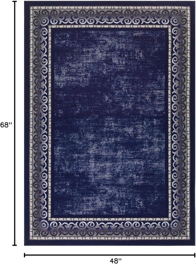 Antep Rugs Alfombras Bordered Modern 4x6 Non-Slip (Non-Skid) Low Pile Rubber Backing Indoor Area Rug (Navy, 4' x 5'8")