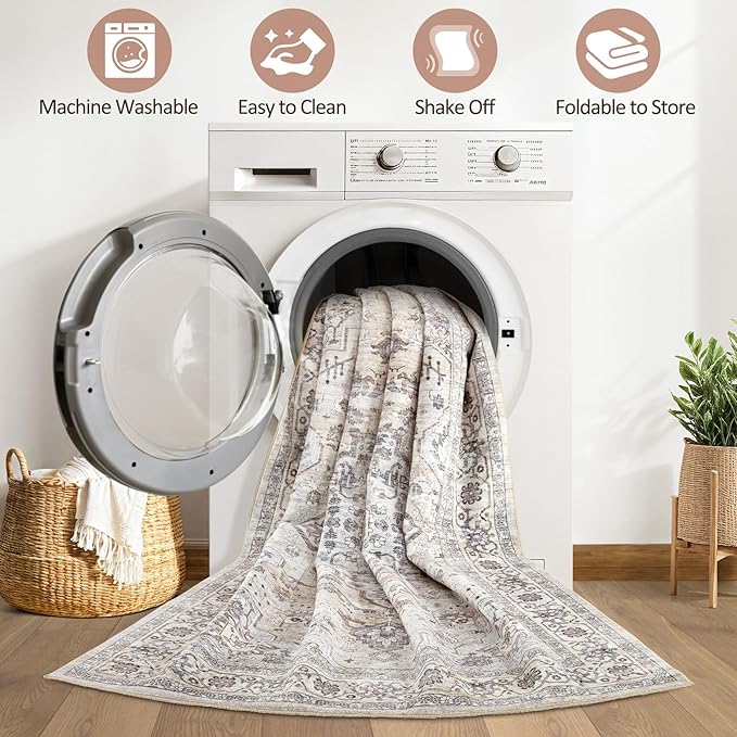 10x13 Area Rugs Living Room: Washable Boho Large Neutral Vintage Soft Rug Stain Resistant Farmhouse Non Slip Indoor Floor Carpet for Bedroom Nursery Kids Playroom Office Dining Room- Cream Grey