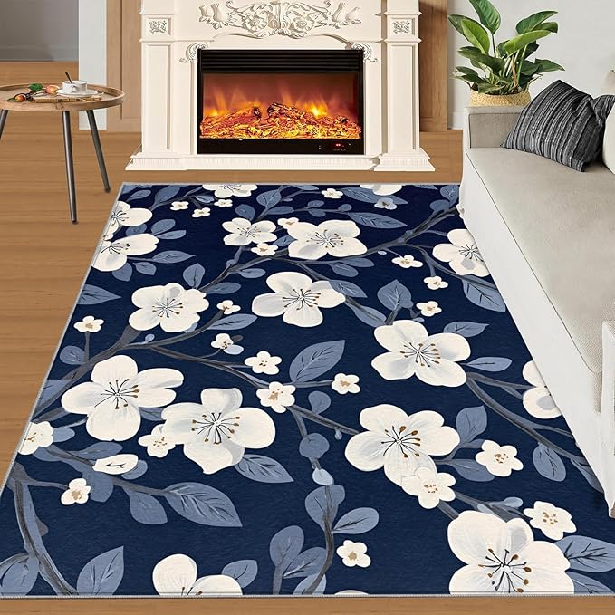 Boho Rugs for Bedroom - 3x4 Area Rug - Blue White Flowers Rugs for Living Room, Vintage Modern Flowers Rug, Washable Home Decor Carpet