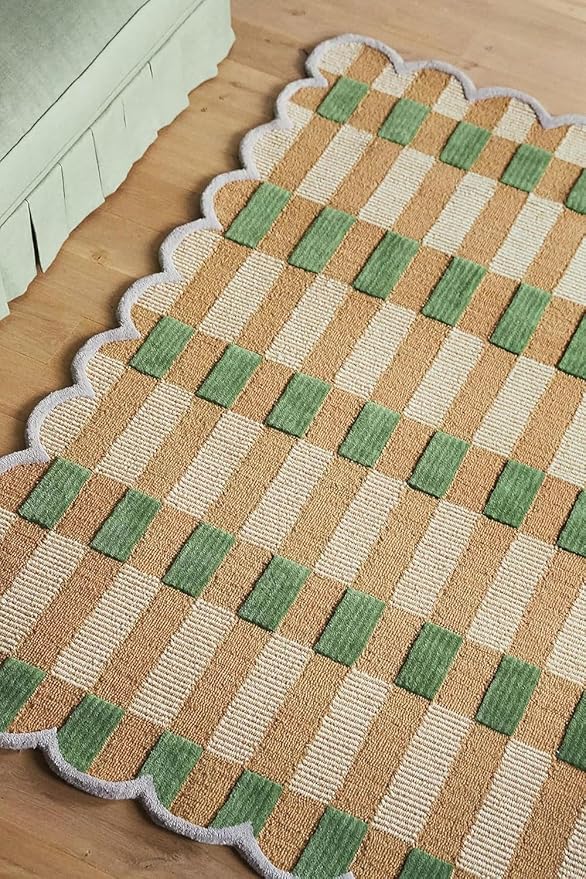 Hand-Tufted Wool Rug with Scalloped Edges, Light Blue Plaid Pattern, Cozy Soft Area Rug for Living Room, Bedroom, and Nursery, Handmade Modern Accent Rug (Green, 9X12 FEET)