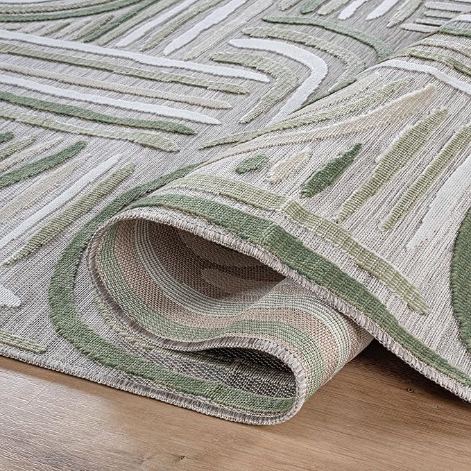 CAMILSON Indoor Outdoor Rug, Beige 6x9 Geometric Arch Striped Area Rugs for Patio and Home Areas, Easy-Cleaning Non-Shedding Living Room, Garden and Deck Washable Outside Carpet (6 x 9)