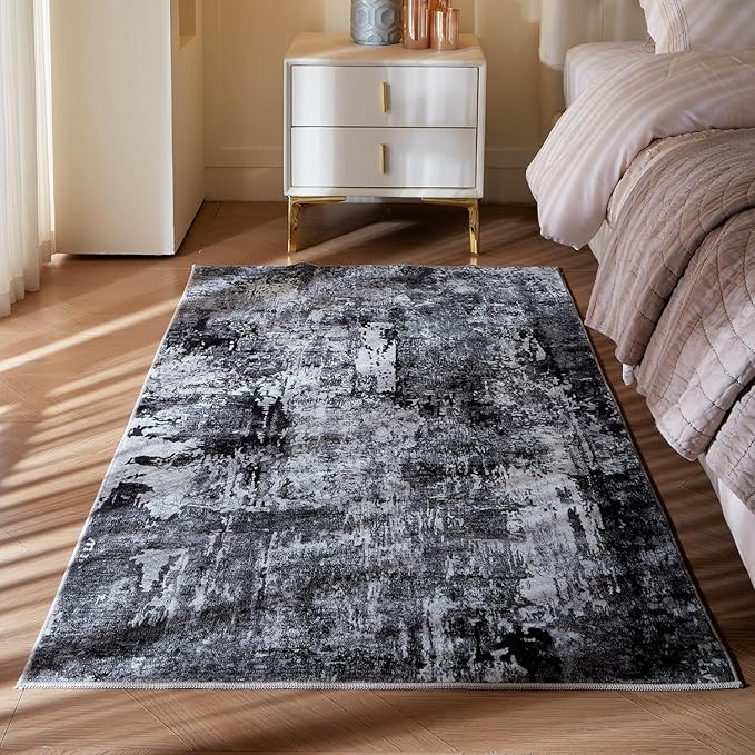 Rugcomf 3x5 Washable Boho Soft Area Rug - Abstract Pattern, Non-Slip, Non-Shedding Faux Wool Vintage Rug for Bedside, Bedroom, Kitchen, Indoor, Grey and Black