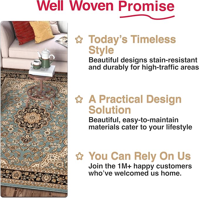 Well Woven Barclay Collection Medallion Kashan Light Blue 5x7 Area Rug - for Living Room, Bedroom, and Dining Room