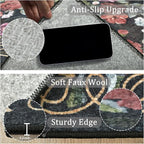 6ft Round Machine Washable Area Rug for Living Room, Black Vintage Boho Floral Rug Large Non-Slip Low Pile Soft Faux Wool Carpet, Kids and Pets Friendly for Bedroom Nursery Farmhouse Home Decor Rug