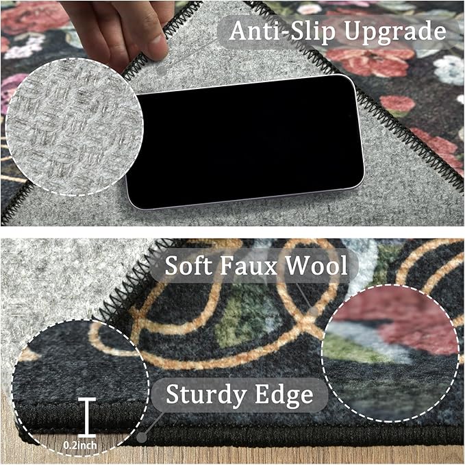5x8 Machine Washable Area Rug for Living Room, Black Vintage Boho Floral Rug Large Non-Slip Low Pile Soft Faux Wool Carpet, Kids and Pets Friendly for Bedroom Dining Room Farmhouse Home Decor Rug