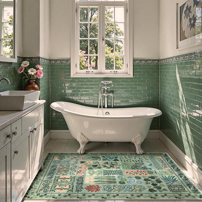 Floral Boho 3x5 Sage Green Bathroom Rugs, Washable Botanical Area Rugs for Entryway Bedroom, Non Slip Kitchen Floor Mat Indoor Throw Carpet for Laundry Living Room (Green,3 x 5)