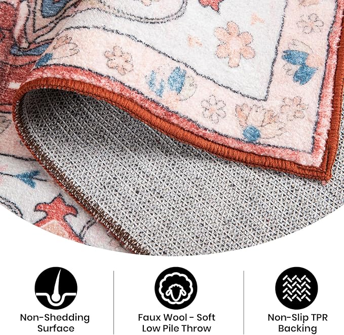 Area Rug 4x6, Washable Faux Wool Throw Rugs for Living Room, 0.3″ Non Slip Low Pile Vintage Boho Carpet for Ding Room, Home Office, Bedroom, Kids Room, Bedside (Red)