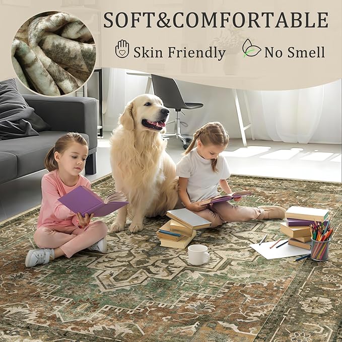 5x7 Machine Washable Area Rug for Living Room, Brown Green Boho Vintage Floral Rug Large Non-Slip Low Pile Soft Faux Wool Carpet, Kids and Pets Friendly for Bedroom Dining Room Farmhouse Decor Rug