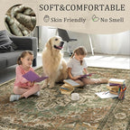 5x7 Machine Washable Area Rug for Living Room, Brown Green Boho Vintage Floral Rug Large Non-Slip Low Pile Soft Faux Wool Carpet, Kids and Pets Friendly for Bedroom Dining Room Farmhouse Decor Rug