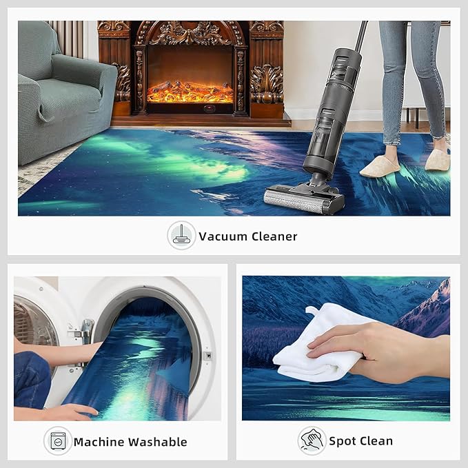 4x5 Snowy Mountains Indoor Outdoor Rug - Aurora Borealis Bedside Rug, Polar Landscape Washable Entry Way Rugs Kids Carpet for Inside House Playroom Living Room End Table Nursery