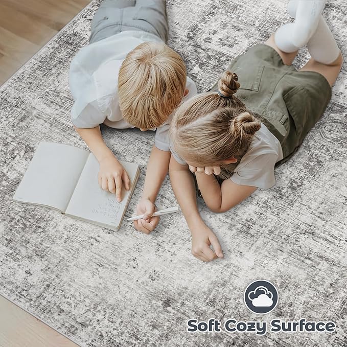 Area Rug 10x14 Washable Rug, Vintage Boho Medallion Rugs Non-Slip Soft Low Pile Large Distressed Rug Indoor Retro Carpet for Living Room Bedroom Dining Room Home Office (Grey, 10'x14')