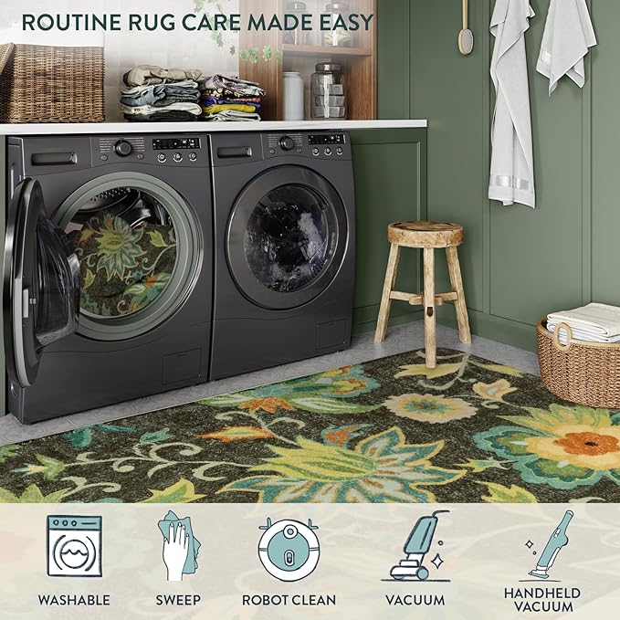 Lahome Floral Washable Entryway Rug - 2x4 Non-Slip Low-Pile Hallway Runner Soft Throw Kitchen Mat Bath Rug Green Paisley Print Indoor Carpet for Laundry Living Room Entrance