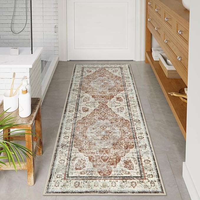 Uphome Bathroom Runner, Distressed Tribal Farmhouse Orange Bathroom Mat, Large Bath Rugs Non Slip Washable, Oriental Retro Boho Bath Mat Runner for Bathtub Sink Laundry, 24x59 inch