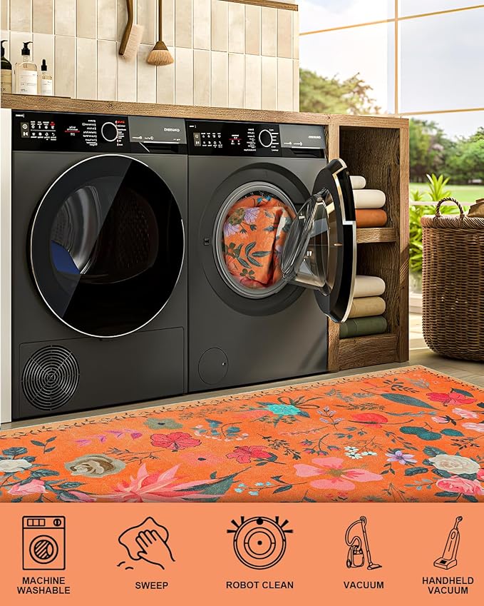 Area Rug 9x12, Washable Large Rugs for Living Room, Non Slip 0.27" Low Pile Vintage Floral Large Carpet for Bedroom, Dining Room, Kids Playroom (Orange)