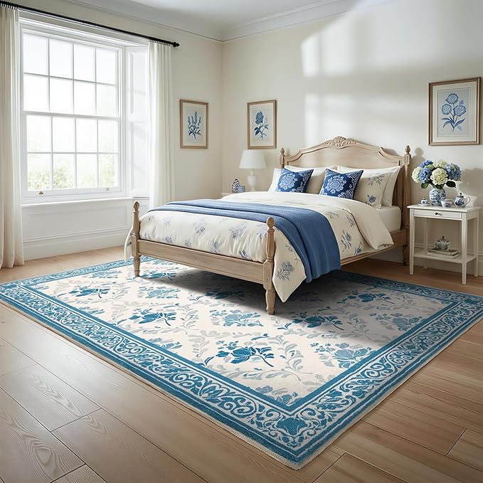 SOULFUL Medium Pile 2x3 Entryway Rug - Soft Underfoot Small Area Rug - Blue Boho Floral - Washable Non-Slip - Perfect for Hallway Kitchen Bedroom Bathroom Indoor Entrance