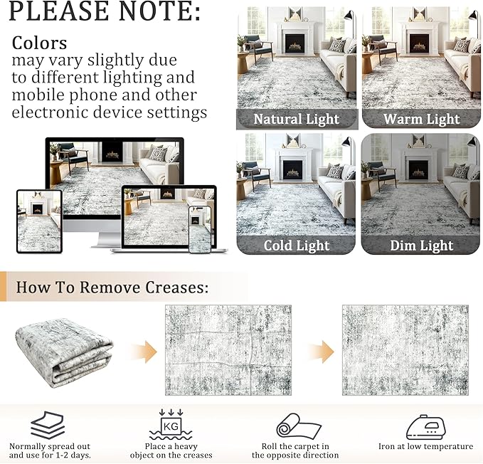 4x6 Machine Washable Area Rug for Living Room, Grey Modern Vintage Abstract Rug Large Non-Slip Low Pile Soft Faux Wool Carpet, Kids and Pets Friendly for Bedroom Dining Room Farmhouse Home Decor Rug