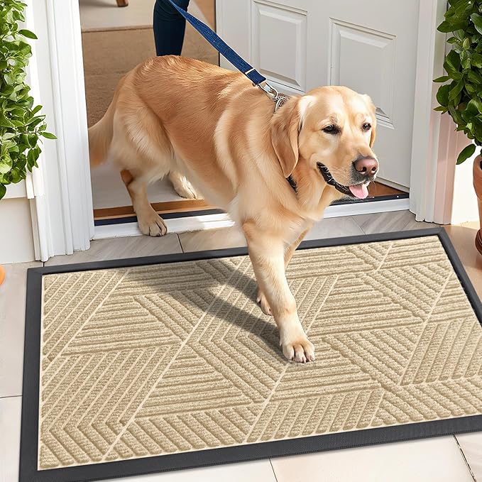 Kitinjoy Front Door Mat Outside Entrance, Sturdy Natural Dirt Trapper, Heavy Duty Rubber Doormat, Low Profile Non-Slip Backing, Easy Clean Floor Mat for Indoor Outdoor Entry, 29.5X17 Inch, Beige