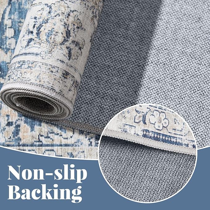 jinchan Fiora Long Hallway Runner Rug 2x12 Machine Washable Runner Rug Dark Blue Vintage Floral Design Non-Slip Ultra-Thin for Kitchen Laundry Room Bedroom Farmhouse (2‘x12', Dark Blue)