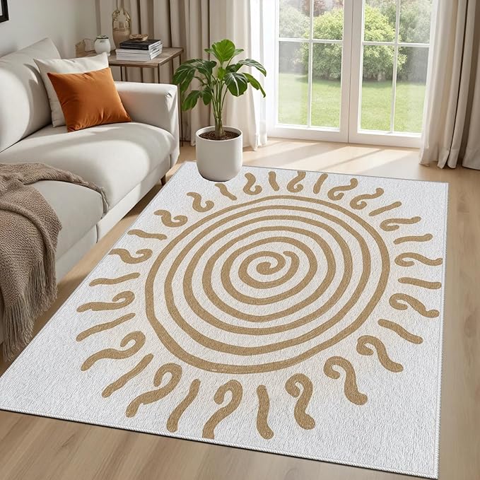 Boho Washable Rugs for Bedroom 3x4, Modern Sun Print Soft Minimalism Area Rug, Non Slip Low Pile Abstract Carpet for Classroom Living Room Decor Dining Room, Beige Yellow