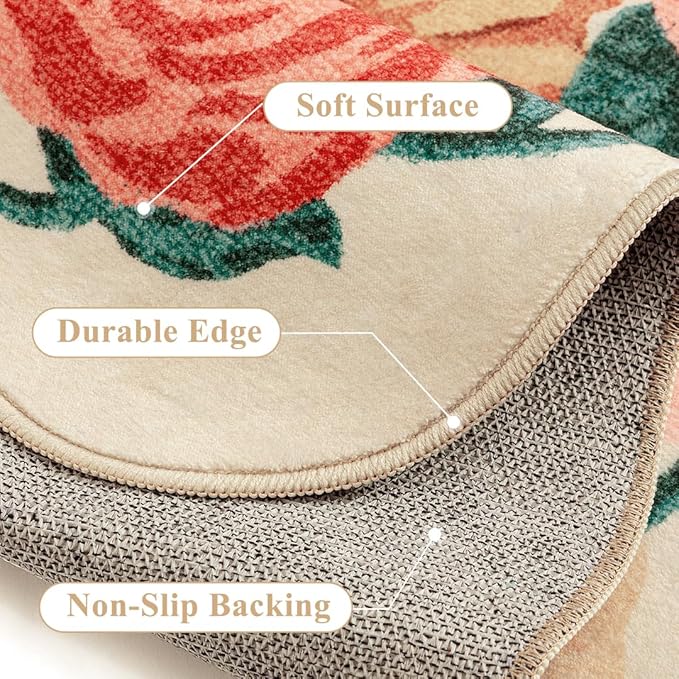 Washable Floral Area Rug 2x3 Beige Small Entryway Carpet Scalloped Flower Non Slip Soft Entrance Door Mat Farmhouse Low Pile Indoor Thin Floor Cover for Bathroom Kitchen Bedroom Laundry Room