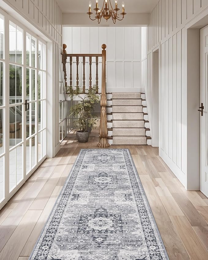 LUMI Runner Rug 3x7, Washable Non-Slip Hallway Throw Rugs, Long Soft Thin Vintage Oriental Kitchen Mats, Low-Pile Indoor Kitchen Entryway Area Rug, Dusty Blue