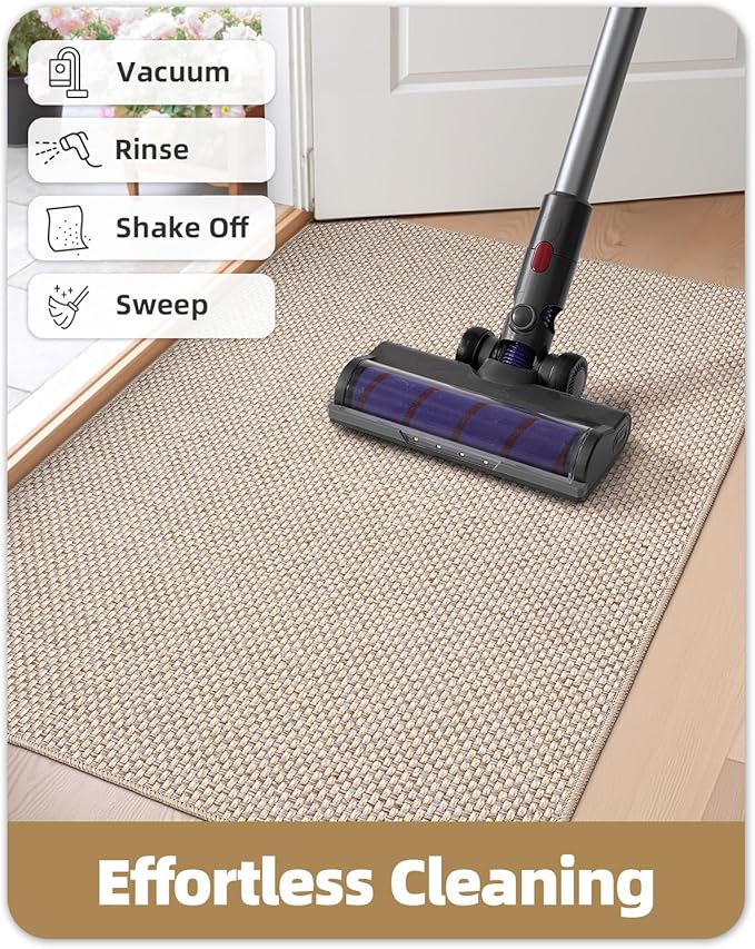 Color&Geometry Ultra-Thin Indoor Door Mat, 48"x72" Low-Profile Non-Slip Entryway Rug with Modern Geometric Texture, Washable Doormat for Indoor Entrance, Front Door, Khaki (Rolled-up NO Creases)