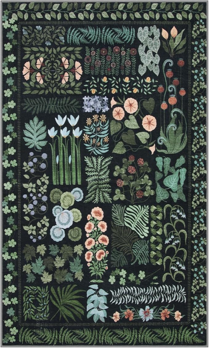 Floral Boho 3x5 Black Bathroom Entryway Kitchen Rug Non Slip Washable, Botanical Flower Area Rugs for Bedroom, Soft Modern Indoor Throw Carpet for Laundry Living Room Entrance (Black,3 x 5)