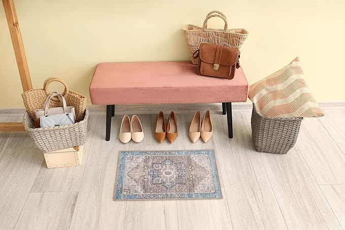 GLN Rugs Traditional Collection - Machine Washable Area Rug, Traditional Washable, Non Slip, Low Pile Chenille Rug, Living Room, Bedroom, Kitchen Rug (2' x 3' Brown/Blue)
