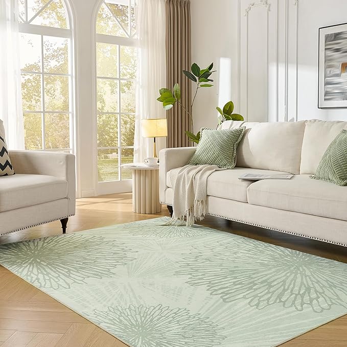 WITSHOCK 6x9 Washable Rug for Living Room,Modern Floral Distress Print Pattern Area Rugs,Stain Resistant with Non Slip Backing Carpet for Dining Room,Bedroom & Home Decor,Green/Light Green