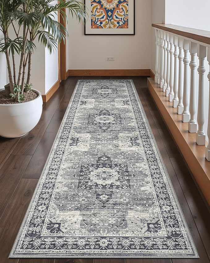 DEXI Hallway Runner Rug 3x7, Distressed Non Slip Runners Carpet, Boho Vintage Soft Thin Indoor Rug, Stain Resistant Washable Entry Mat for Entryway Kitchen Laundry Room Living Room, Blue Grey