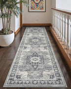 DEXI Hallway Runner Rug 3x12, Distressed Non Slip Runners Carpet, Boho Vintage Soft Thin Indoor Rug, Stain Resistant Washable Entry Mat for Entryway Kitchen Laundry Room Living Room, Blue Grey