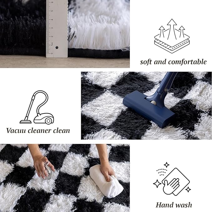 4x6 Area Rugs for Living Room Bedroom, Soft Fluffy Shaggy Bedside Rug, Indoor Floor Carpet for Kids Playroom, Dorms, Nursery Rooms, Home Decor (Black & White 4'x6')