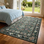 6x9 Black and Green Floral Area Rug for Living Room, Washable Non Slip Rugs for Bedroom Non Slip, Low Pile Large Indoor Accent Carpet for Office, Dining Room, Farmhouse