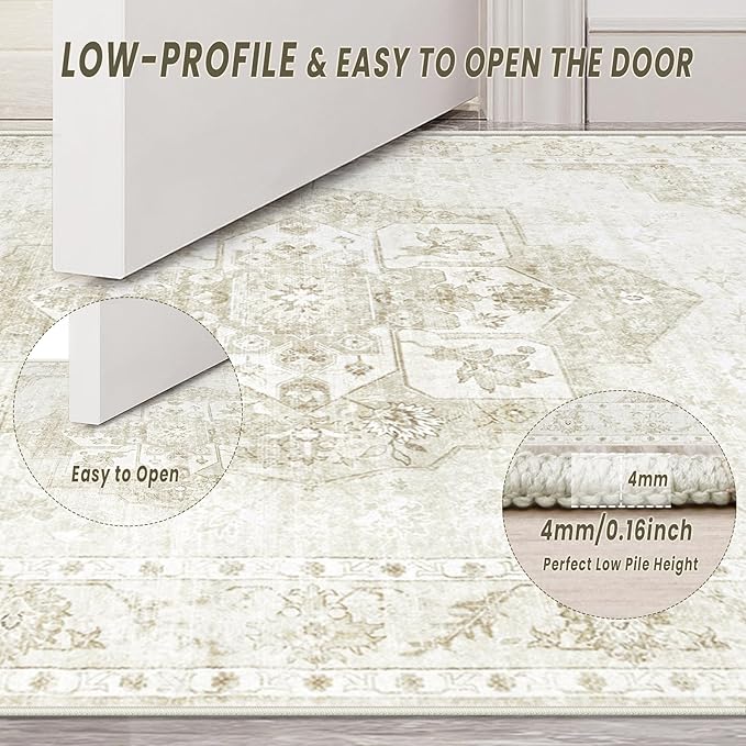 6x9 Area Rugs Washable Rugs for Living Room, Vintage Boho Rug Non-Slip Soft Floral Distressed Rug Low Pile Stain Resistant Carpet for Bedroom Nursery Office Dining Room Farmhouse Dorm(Beige, 6'x9')