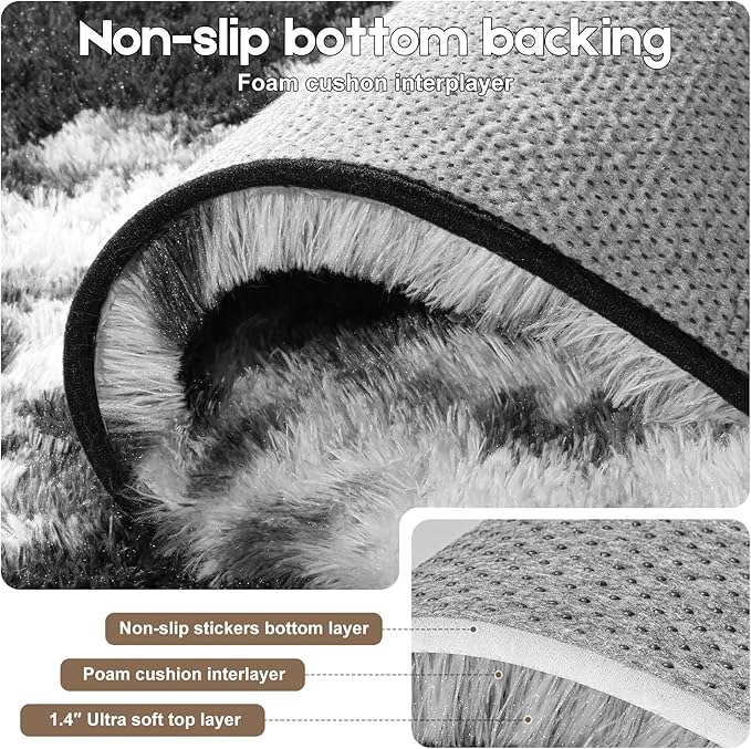 Black and White Rugs for Bedroom, 2x3 Fluffy Small Area Rugs for Living Room, Soft Shag Fuzzy Carpet with 4 Non-Slip Stickers for Kids Boys and Girls Nursery Room Dorm Home Decor (2ft x 3ft)