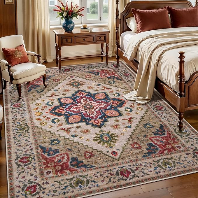 Tangsoo Vintage 4x6 Area Rug, Washable Non Slip Indoor Rugs, Oriental Machine Washable Rug Carpet, Soft Low Pile Foldable Floor Rugs for Dining Room Bedroom Living Room Home Decor Beige/Red