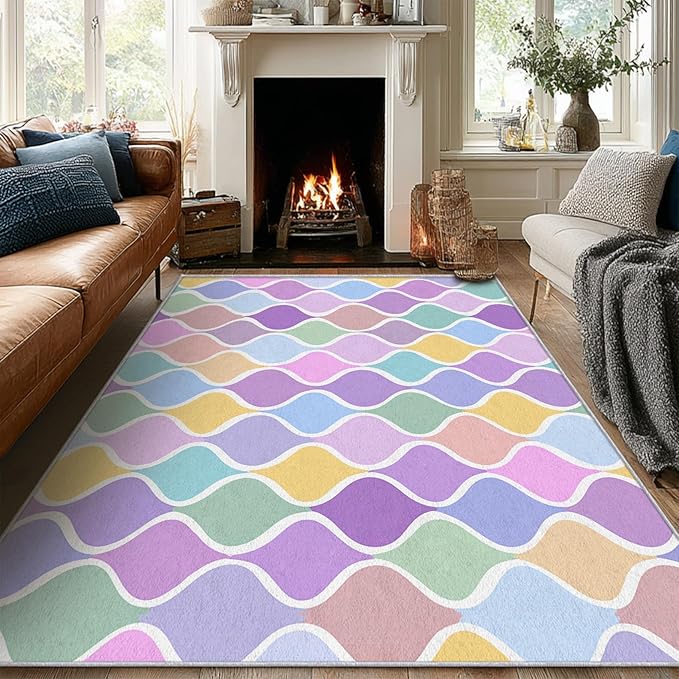 Washable 4x5 Abstract Wave Rug Living Room, Modern Geometric Colorful Design Area Rugs for Bedroom, Abstract Wave Home Decor Carpet, Low Pile, Non Slip, Kids & Pet Friendly (N4164)