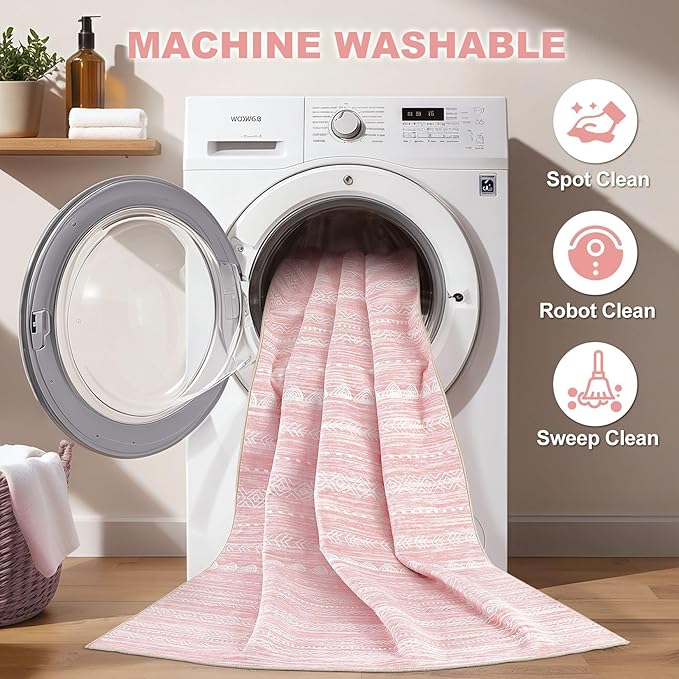 Nakagishi Round Rug Kitchen Washable Rugs: 5x5 Non-Slip Boho Soft Modern Stain Resistant Indoor Floor Neutral Farmhouse Throw Carpet for Hallway Bathroom Laundry Room Entryway Bedroom- Pink