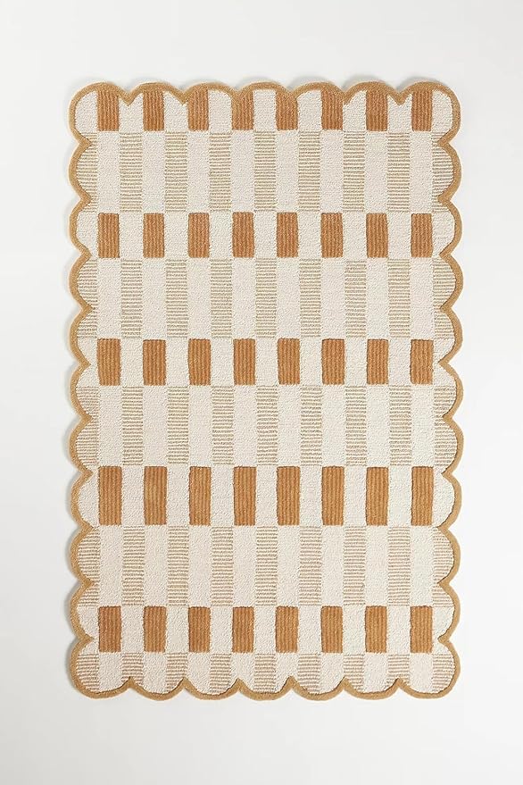 Hand-Tufted Wool Rug with Scalloped Edges, Light Blue Plaid Pattern, Cozy Soft Area Rug for Living Room, Bedroom, and Nursery, Handmade Modern Accent Rug (Neutral, 8X10 FEET)