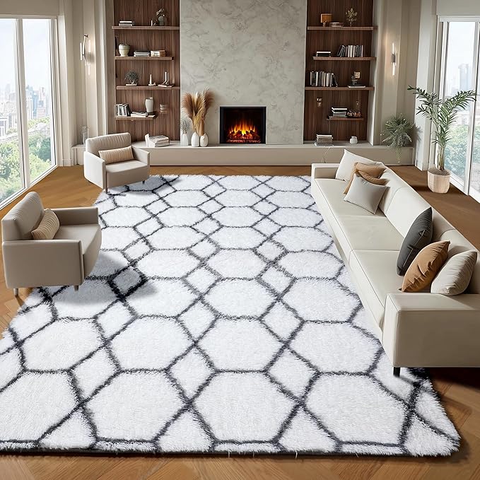 ONASAR Area Rugs for Living Room, Washable 7x10 Fluffy White and Grey Rug for Bedroom, Geometric Moroccan Indoor Shaggy Boho Soft Plush Floor Carpet for Kids Teen Nursery Dorm Home Decor Aesthetic