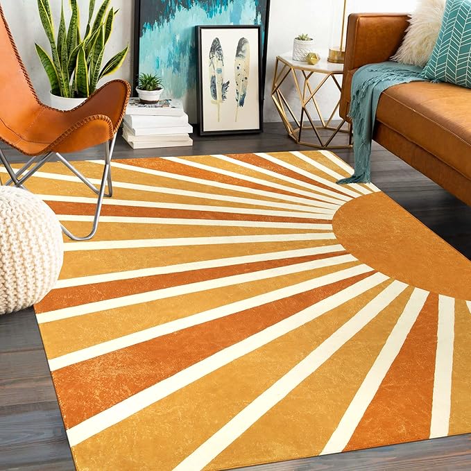 Lahome Rainbow Sun Area Rug: 8'x10' Ultra-Thin & Lightweight Machine Washable Non-Slip Rug with Boho Print for Living Room, Bedroom, Dining Room, Office, Nursery & Guest Room