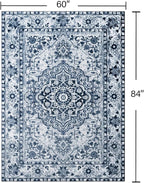 YJ.GWL Area Rugs for Living Room 5x7 Machine Washable Rugs, Non Slip Floral Vintage Rug Indoor Carpet, Stain Resistant Large Rug for Bedroom Dining Room, Navy Blue