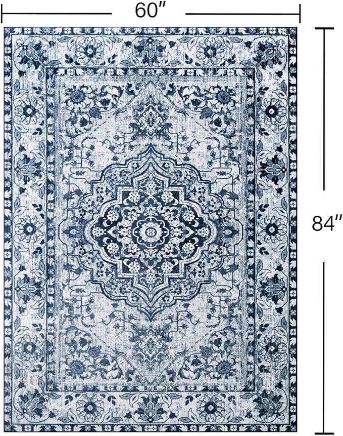 YJ.GWL Area Rugs for Living Room 5x7 Machine Washable Rugs, Non Slip Floral Vintage Rug Indoor Carpet, Stain Resistant Large Rug for Bedroom Dining Room, Navy Blue