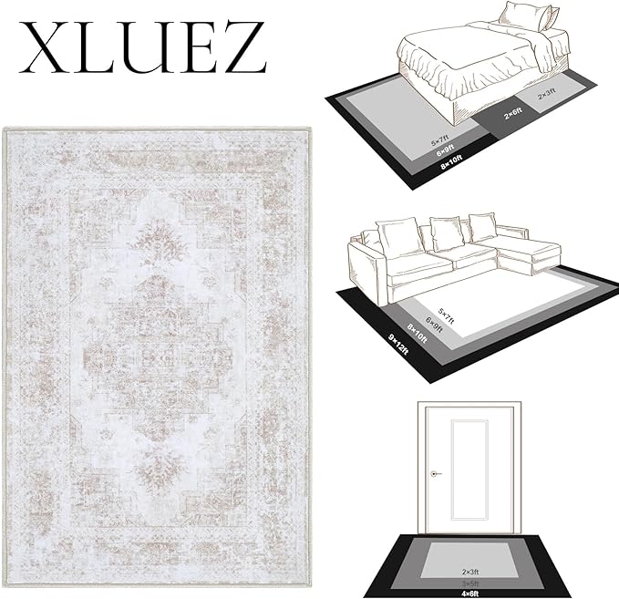 Area Rug 8x10 Living Room Rug, Machine Washable Vintage Distressed Medallion Rug Non-Slip Soft Low Pile Large Indoor Rugs for Bedroom Kitchen Dining Room Office(Beige,8'x10')