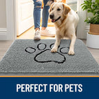 OLANLY Dog Door Mat for Muddy Paws 47x24, Paw Print Design, Absorbs Moisture and Dirt, Absorbent Non-Slip Washable Doormat, Quick Dry Chenille Mud Mat for Dogs, Entry Indoor Entryway Carpet, Grey