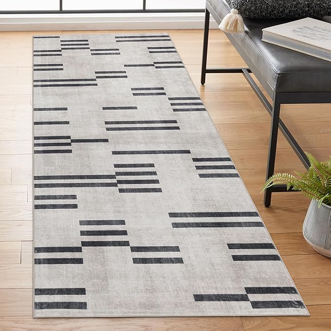 ReaLife Rugs Machine Washable Area Rug Runner - Living Room Bedroom Bathroom Kitchen Entryway Office -Non-Slip Baking Low Pile Stain Resistant Premium - Modern Geometric Loki-Beige & Black 2'6" x 6'