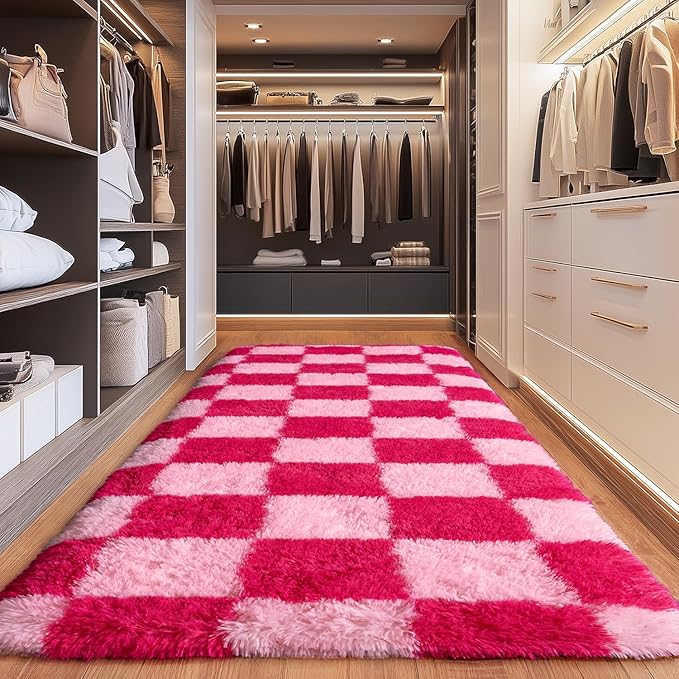 Fluffy Area Rugs for Living Room, Soft Shaggy Carpets for Living Room, Upgrade Anti-Slip Fuzzy Rugs for Kids' Room, Perfect Decor for Modern Home Hot Pink Grid 2x6 Feet